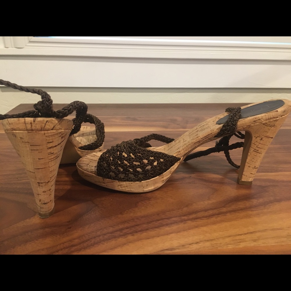 LOFT Dark Brown Woven Heels with Cork Base - Picture 2 of 4